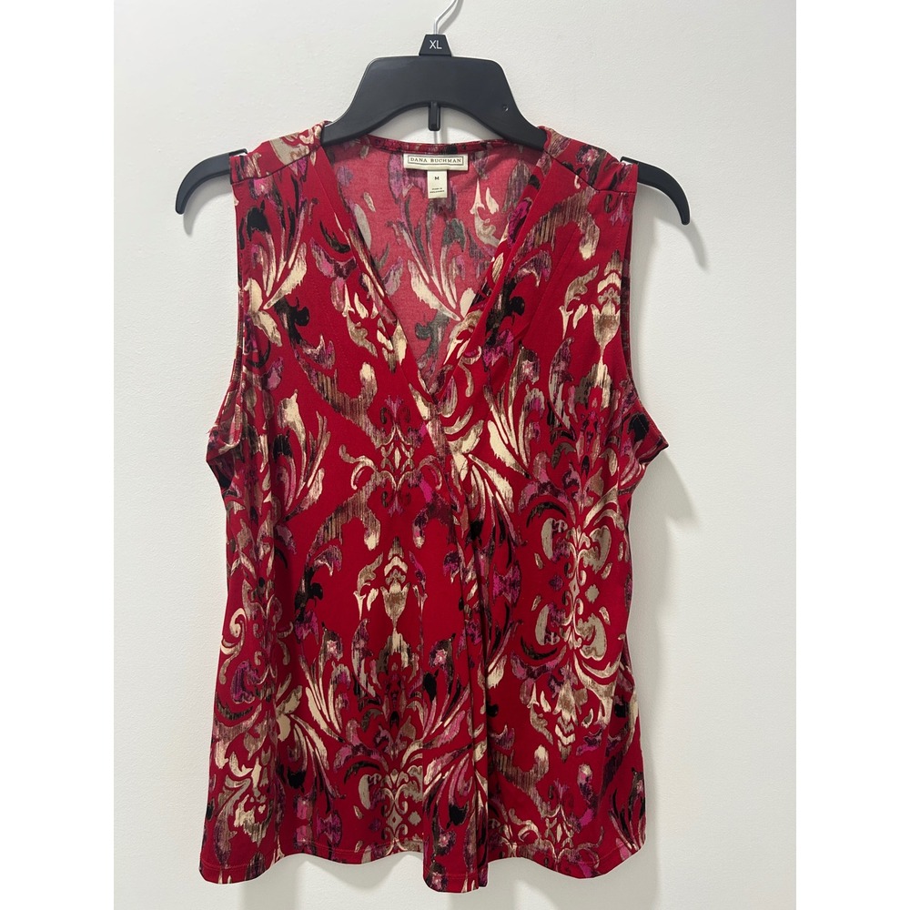 Dana Buchman Womens Red Damask Paisley V-Neck Sleeveless Blouse Top‎ Medium